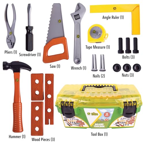 image for John Deere 18 Piece Deluxe Tool Box, Construction Playset with Tape Me