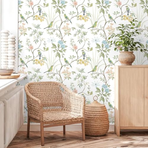 Image of Wallpaper Peel & Stick Floral Vintage Flower Leaf Botanical Bird Elegant Pattern Designs Tropical Watercolor Contact Paper Wall Home Decor Vinyl Self Adhesive Removable Wallpaper Waterproof 16.5&87IN