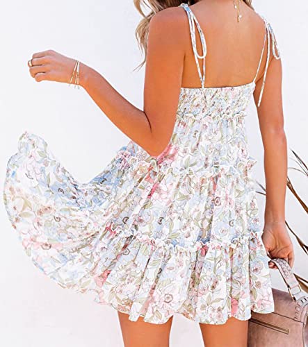 Image of Mansy Womens 2026 Summer Floral Mini Dress Boho Flowy Skater Dresses Short Sleeveless Ruffle Spaghetti Strap Dress