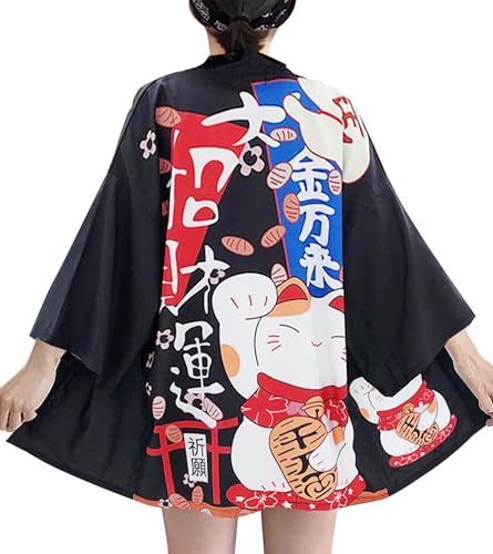 Image of LAI MENG FIVE CATS Women's Lucky Cat Cardigan Kimono Loose Cover up Casual Blouse Cute Tops