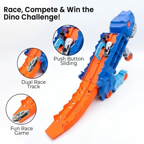 Image of WireScorts Dinosaur Planet Dino Transporter Truck Toy with Track - Push & Go Dinosaur Car Carrier with 2 Die-Cast Cars, Deformation into Race Track - Toddler Toy Gift for Boys Ages 3-6