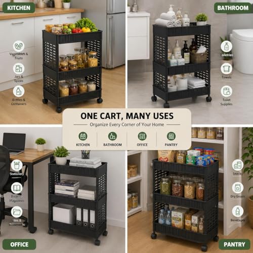 Image of Plastic Storage Rack Trolley with Wheels, 3 Layer Multipurpose Organizer Shelf for Kitchen, Bathroom & Bedroom, Open Storage Cart for Fruits, Vegetables, Toiletries, Snacks (Casual 3-Layer)