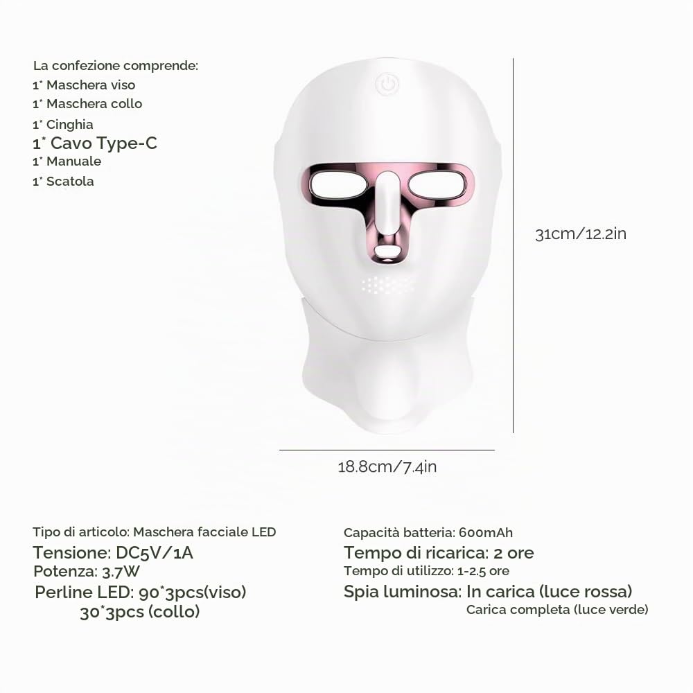 Maschera facciale a LED a 7 colori Viso e collo Photon Ringiovanimento della pelle Sbiancamento, Antirughe, illuminante, Anti-età ricaricabile Cura del viso Trattamento di bellezza
