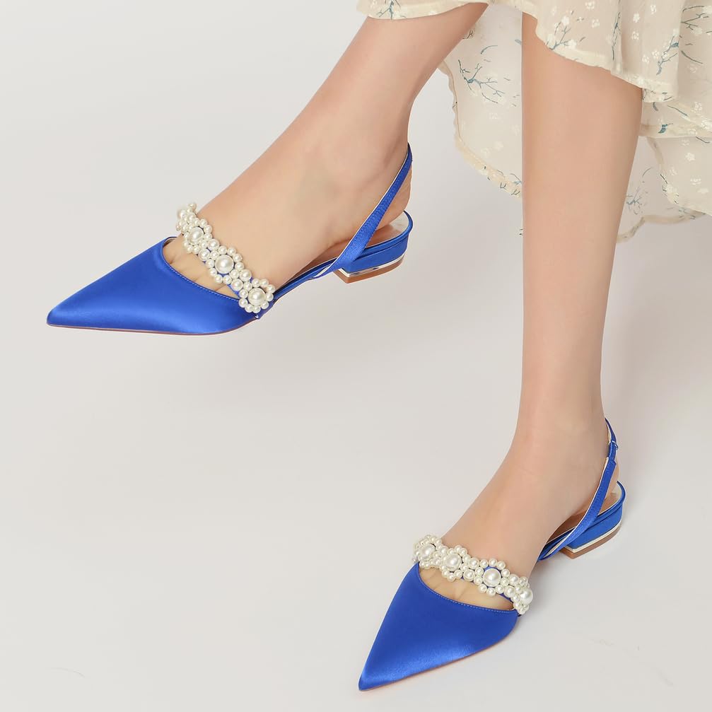 Scarpe da Sposa da Donna in Raso con Punta Chiusa e Cinturino Posteriore, Tacco Basso, Perle, comode e Piatte, Scarpe da Sposa, Scarpe Eleganti, Scarpe da Fidanzamento