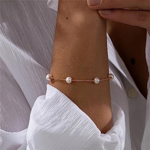 Collner Dainty Gold Bracelet For Women 14K Gold Plated Lightweight Chain Bracelet Herringbone Pearl Circle Bracelet Charm Minimalist Handmade Jewelry Gift #TOP3