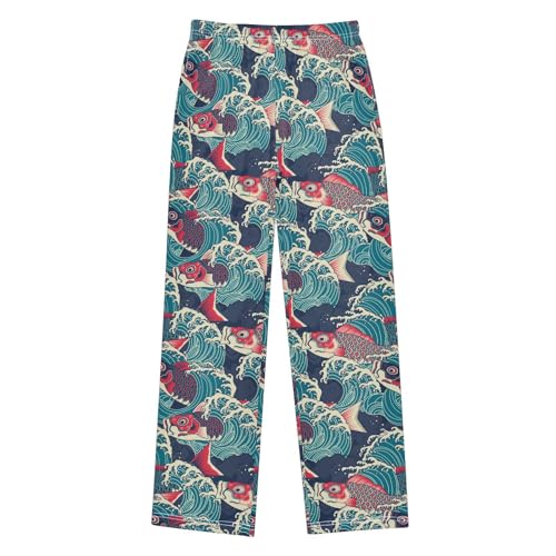 Fish Sea Wave Boys Long Pants Soft Trousers Elastic Waist Kids Lounge Bottoms with Pockets S-XL