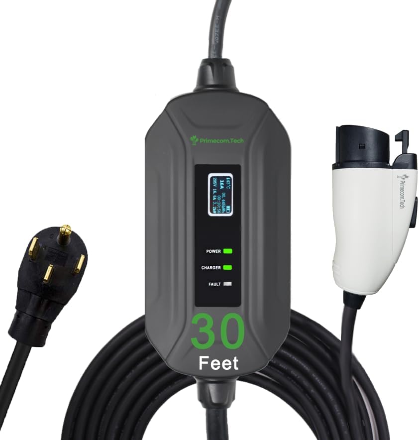 PRIMECOM Level 2 Electric Vehicle (EV) Charger (220V / 240Volt, 16Amp) Portable EVSE Smart Electric Car Charger, 30', 40', and 50 Feet Lengths (30 Feet, 14-50P)