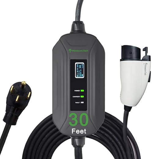PRIMECOM Level 2 Electric Vehicle (EV) Charger (220V / 240Volt, 16Amp) Portable EVSE Smart Electric Car Charger, 30', 40', and 50 Feet Lengths (30 Feet, 14-50P)