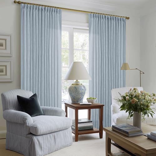 Image of Light Blue Linen Curtains 102 Inches Long for Living Room Pinch Pleated Drape with Hooks Rings for Track System Light Filtering 102 Inch Curtain for Bedroom Sliding Patio Door 2 Panels Dusty Blue