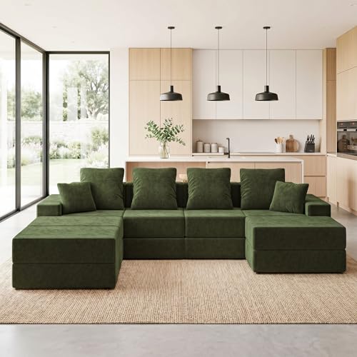 Image of Living&Giving 128 inch U-Shaped Cloud Sectional Couch for Living Room, Cloud Boneless Couch-No Assembly with Reversible Chaise, Customizable 4-Seat Modular Sectional Sofa with 3 Ottoman, Green