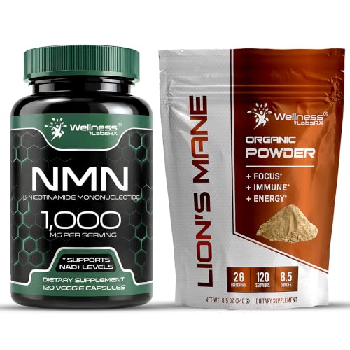 WELLNESS LABSRX NMN Capsules and Lions Mane Powder Bundle, 2 Piece Set