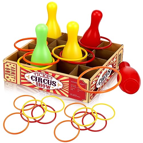 Wettarn Carnival Bottle Toss Game Ring Toss Games, Include a Circus Ticket Box 6 Plastic Bottles and 6 Throw Rings for Summer Carnival Outdoor Backyard Beach Party Activities