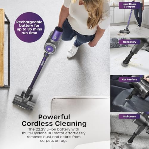Swan SC15827N Dust Master Cordless Anti-Tangle Vacuum Cleaner with 2 Speed Control, Multi-Cyclonic Suction, Rechargeable Battery, 2-in-1 Crevice Tool, Long Nozzle & Wall Mount Kit 22.2V, Purple
