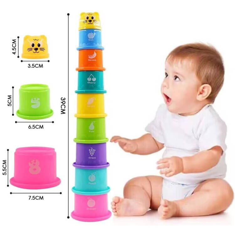 MOYKSRR – Lot De 10 Gobelets Empilables Arc-en-Ciel – Silicone Souple – Numéros 1-10 – Jouet Montessori Dès 6 Mois