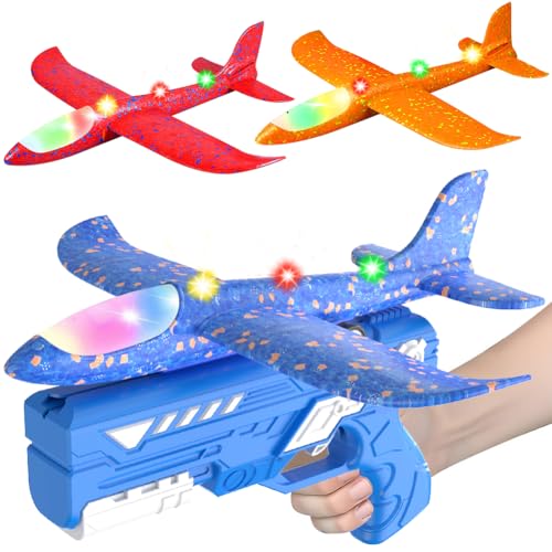 HATFRYF Airplane Launcher Toys, 3 Pack LED Throwing Glider Plane, Catapult Aeroplane Toy with Gun, 12.6 Inch Foam Glider Airplane, 2 Flight Modes for Kids Flying Toys Age 3 4 5 6 7 8 9 Year Gifts