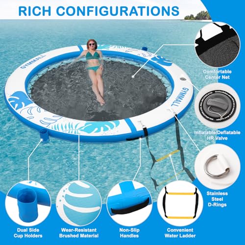 Image of Inflatable Water Hammock Floating Dock 8 FT with Mesh, Tanning Pool Raft Round Ring for Adults, Float Platform for Lake and Beach with Water Ladder and Cup Holder