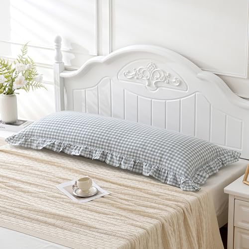 Blue White Plaid Ruffled Body Pillow Sham Washed Cotton Shabby Checkered Gingham Pillow Cover 20"x54"