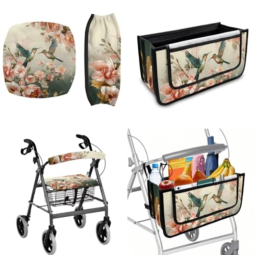 LedBack Hummingbird Floral Mobility Scooter Accessories Sets Walker Seat Rollator Seat Cushion Back Cover for Seniors Universal Walker Storage Basket