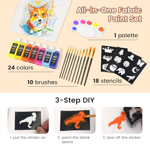 ARTFLY Textilfarben Waschmaschinenfest 24x60ml Set, Waschfest Stoffmalfarben inkl. Gold & Silber, Textil farbe für kleidung, Schuhe, Jeans & Stoffe, Zum Malen auf dunklen und hellen Stoffen