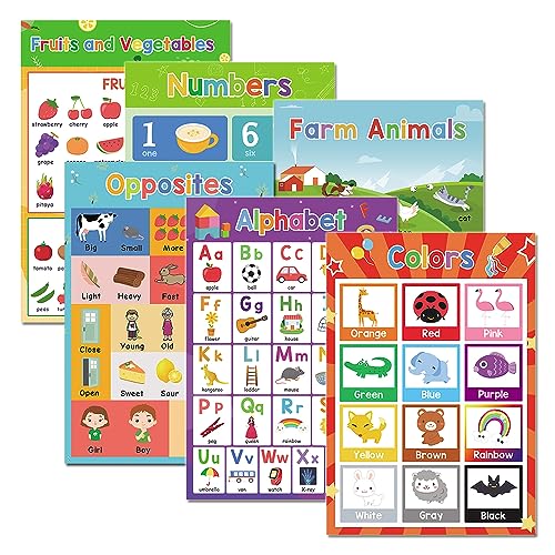 Lachilly Alphabet, Numbers, Colors, Fruits & Vegetables, Farm Animals, Opposites Educational Posters for Toddlers, Kids Learning Chart Materials, Classroom Wall Decoration, 6Pcs