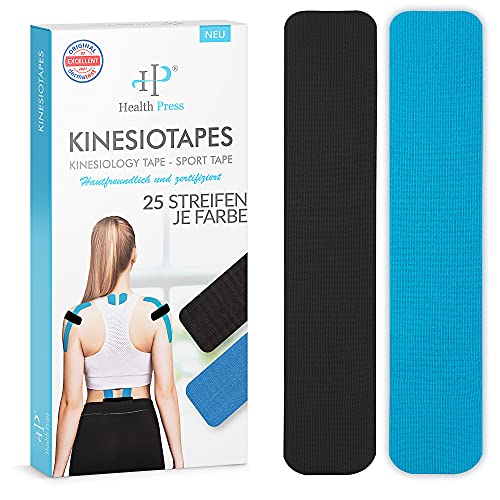 Health Press Kinesiotapes - 50 Kinesiologie Tape Streifen Precut Blau + Schwarz (25cm x 5cm) Kinesiotape - Profi Physio Tape und Sporttape - Hautfreundliche Tapes DERMATEST: SEHR GUT