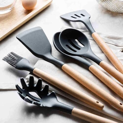 Conjunto Utensílios Cozinha em Silicone Cabo de Madeira Kit 12 Peças Leve Premium Antiaderente Espát