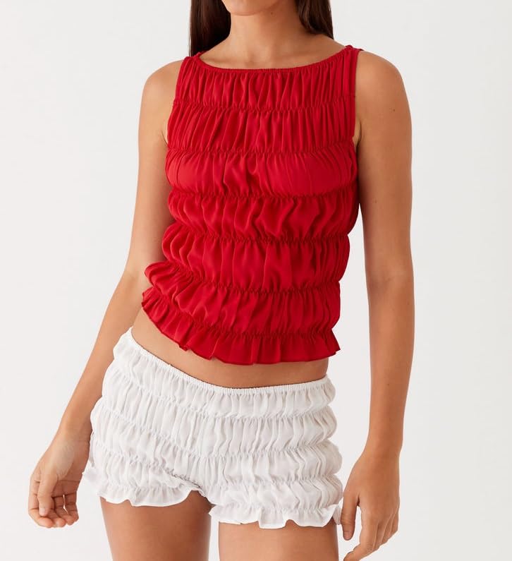 NUFIWI Women's Y2k Ruched Mini Shorts Low Waist Ruffle Frill Bloomers Lounge Pajamas Smocked Micro Shorts Sleepwear3