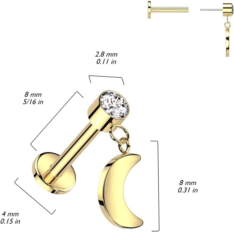 Pierced Owl 16GA F-136 Titanium Threadless CZ Crescent Moon Flat Back Stud