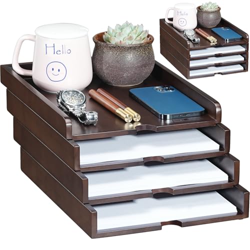 Solid Wood Stackable Letter Tray, 4-Tier Desk File Organizer for A4 Paper
