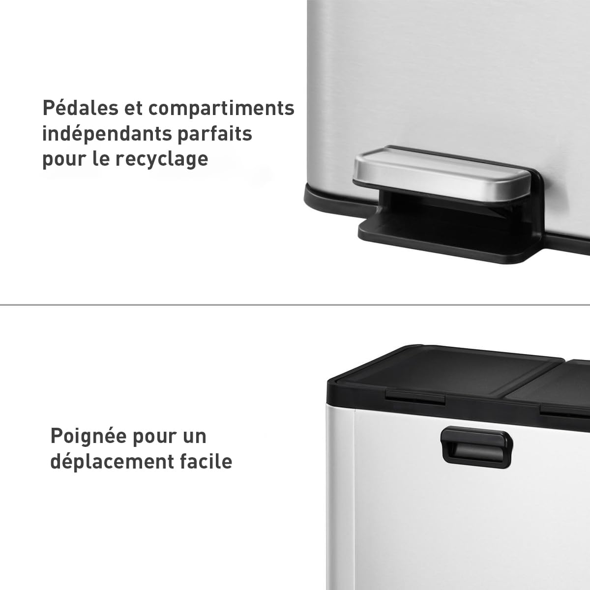 EKO Poubelle Cuisine Double Tri 2 Compartiments 20L + 20L | Acier Inoxydable Anti-Traces avec Pédale | Fermeture Silencieuse | sous Évier Compact Double