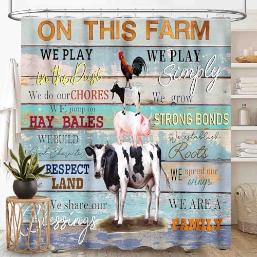 TKUYO Farmhouse Shower Curtain, Rustic Farm Animals Cow Chicken Pig Cabin Printed on Wooden Board Retro Rural Country Style Waterproof Fabric Bathroom Shower Curtain Set with Hooks, 72"x72" Inch