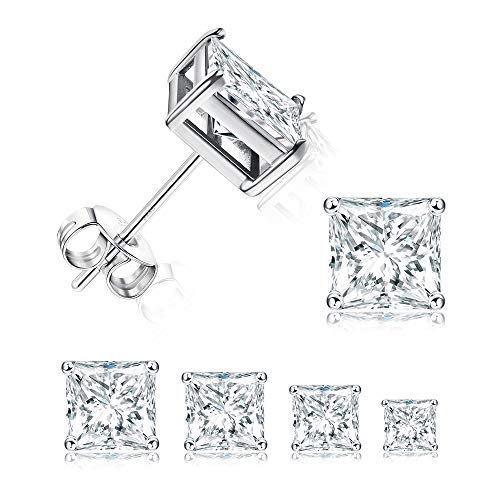Milacolato Sterling Silver Cubic Zirconia Stud Earrings 18K White Gold Plated Princess-Cut Clear Cubic Zirconia Stud Earrings for Women Men 4-7MM (4 Pairs)