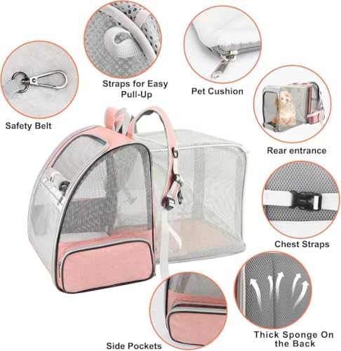 Image of Cat Backpack Carrier, Breathable Cat Carrier Pet Backpack for Kitty Small Dog Up to 15Lbs, Transparent & Foldable Pet Carrier for Travel Hiking (Expendable Pink, L)