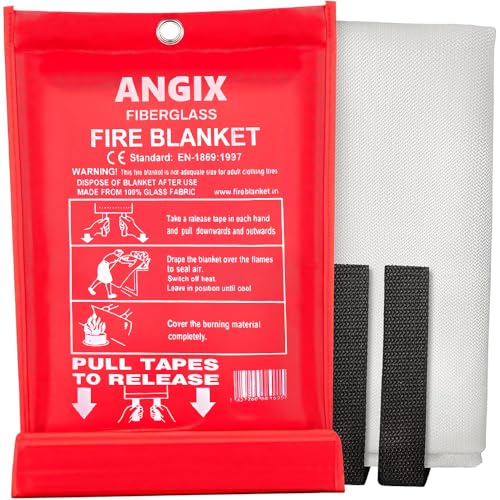 ANGIX 1M x 1M Fire Blanket, Flame-retardant Kitemarked Fiberglass Fire Suppression Emergency Survival Safety Fire Blankets for Kitchen, Home, Office, Garage & Caravan