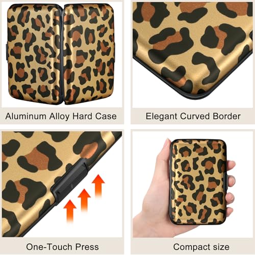 Image of ELFISH Mini RFID Aluminum Wallet Credit Cards Holder Business Card Case Metal ID Case for Men Women, Leopard, 4.33 x 2.95 x 0.73 inches, Compact
