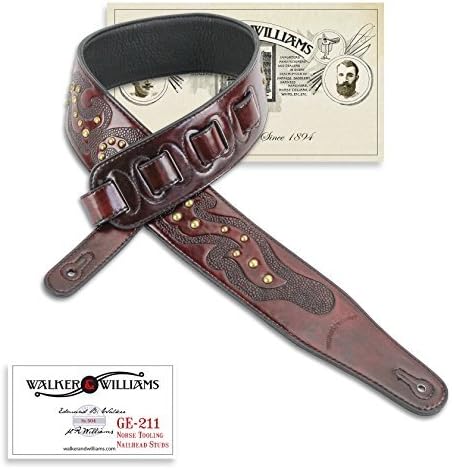 Walker & Williams GE-211 Antique Mahogany Brown Strap with Viking Tooling & Nailhead Studs