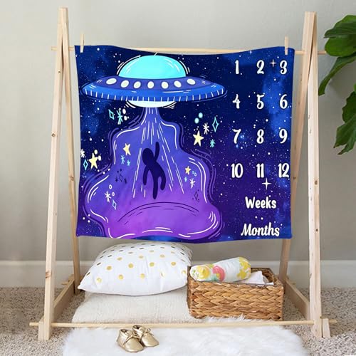Image of UFO Baby Monthly Milestone Blanket, 48x48in Soft Flannel, Alien Round Spaceship, Newborn Mom Gifts, Baby Shower Age Growth Tracker with Bonus Maker (Purple Blue, 48x48in)