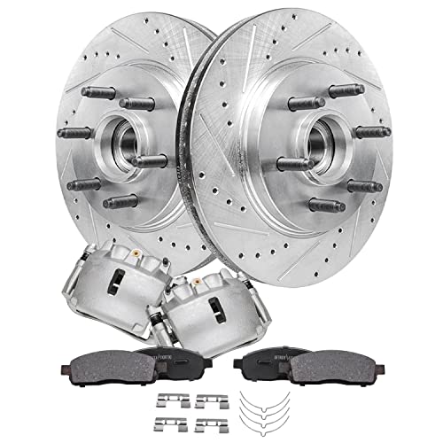 Image of Detroit Axle - RWD Front Brake Kit for 2005-2008 Ford F-150 2006-2008 | Lincoln Mark LT, 2007, Drilled & Slotted Rotors Ceramic Brake Pads Brake Calipers W /Bracket Replacement - 6pc Set