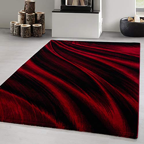 Carpetsale24 Tapis design moderne à vagues abstraites, rouge et noir, 160 x 230 cm, facile d'entretien, idéal pour le salon, la salle à manger ou la chambre
