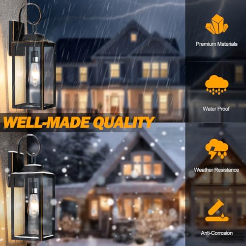 Image of 19 inch Dusk to Dawn Outdoor Lighting Porch Lights Black with Gold Trim 2 Pack | Large Outdoor Wall Lights, Sensor Exterior Lighting Fixtures, Toughened Glass, E26 Socket, Waterproof for House Garage