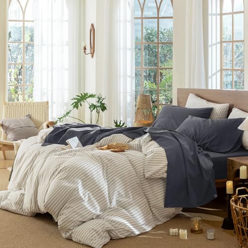 Image of MooMee Sheet Set 100% Washed Cotton Linen-Like Extra Deep Pocket Queen | Relaxed Linen-like Texture. Soft, Breathable & Lightweight Comfort. 15-19 inch Extra Deep Pocket with All-around Elastic