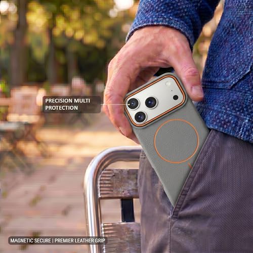 Image of amazon basics Luxury MagSafe Compatible Leather Texture Back Cover for iPhone 17 Pro | Raised Camera Protection | Slim Fit Shockproof Case with Metallic Accents (Gray)