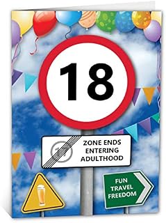 18th Birthday Card | Age 18 Birthday Card with Traffic Sign Design | Bright, Fun and Colourful Card | Big Size | Made in The UK