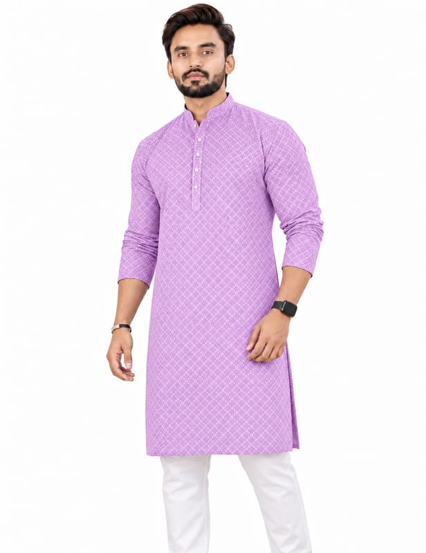 Image of Men's Lakhnawi Chikankari Kurta Set Cotton Ethnic Kurta Pajama for Men Wedding Festive Designer Indian Outfit Stylish Embroidered Kurta Set