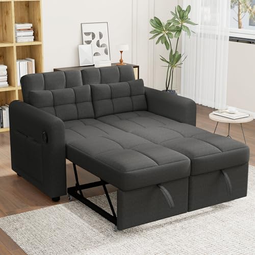 TOBIDOEN Sofá doble Loveseat para 2 personas, sofá 3 en 1 con respaldo ajustable y cojín, sofá cama con función US/B y bolsillos para reposabrazos para múltiples escenas (gris)