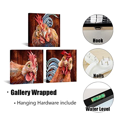 Simiwow Farm Animal Funny Rooster Kitchen Wall Decor Chicken Canvas Painting Prints Framed Ready To Hang Farmhouse Living Room Dining Room Decor 12X12Inchx3 Pieces #TOP5