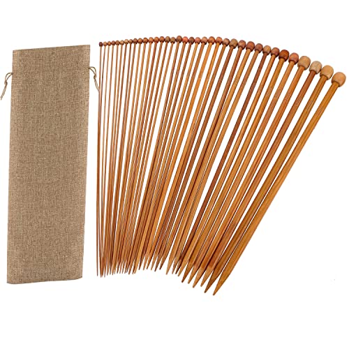 14 Inch Bamboo Knitting Needles Set, BENBO 18 Pairs Single Pointed Knitting Needle Straight Wooden Needles for Beginners Long Wood Knitting Needles with Storage Bag and Stitch Markers (36 Pieces)