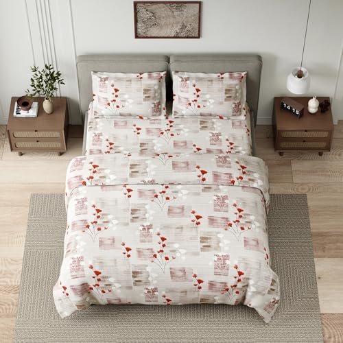 Image of Haus & kinder Double Bedsheet for Queen Size Bed | 90 x 100 Inches 144 TC Cotton Bedsheet for Double Bed with 2 Pillow Covers - Pink Flower Sketch