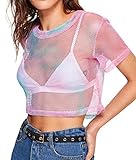Kyerivs Women's Pink Mesh Tops Short Sleeve Sexy Crop Tops See Through Sheer Blouses