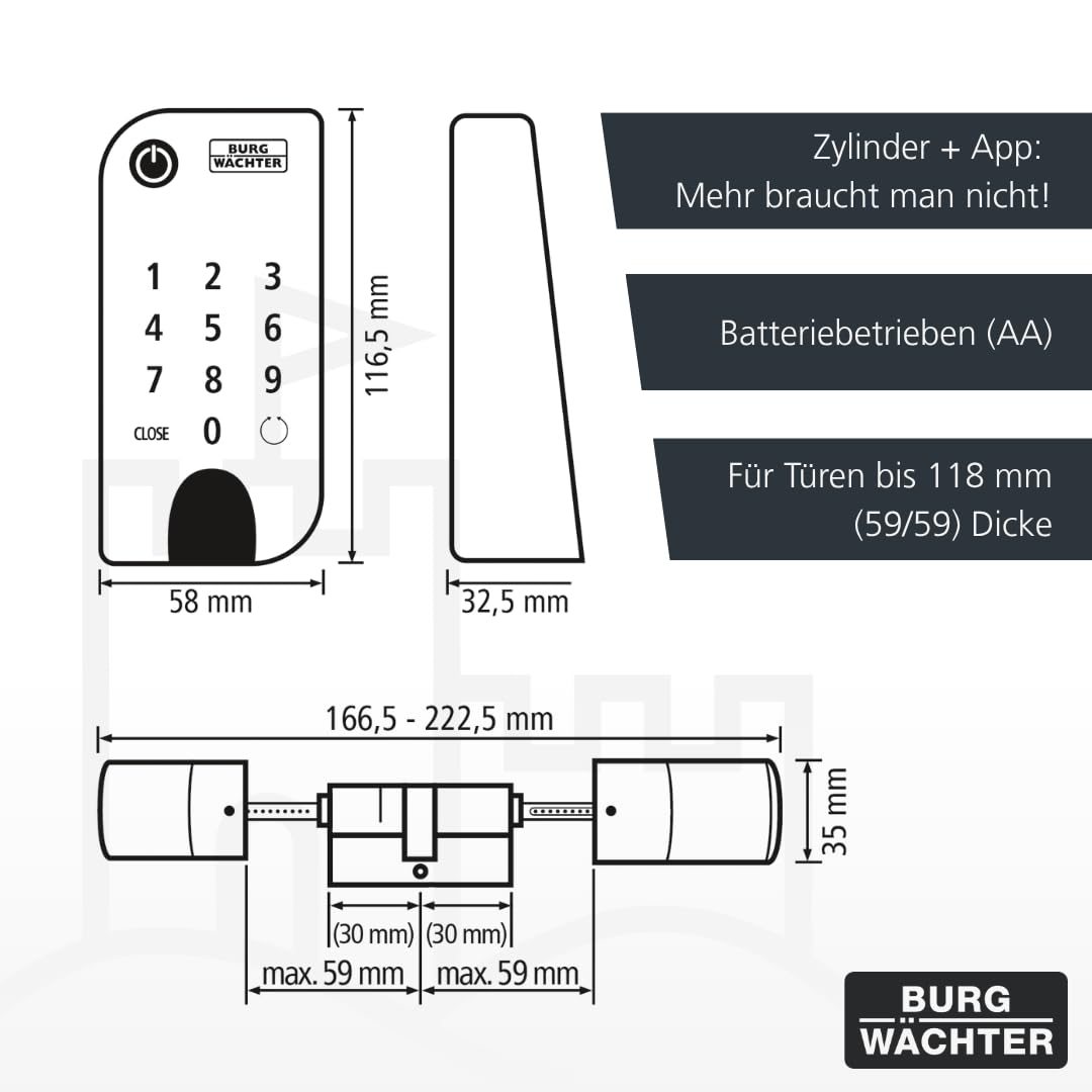 BURG-WÄCHTER Elektronisches Türschloss inkl. Funkschlüssel, Set aus Zylinder, Keypad und Transponder, Türöffnung per App, PIN oder Funk, ENTRYeasy 7601 PIN und ENTRY sE-Key 7713